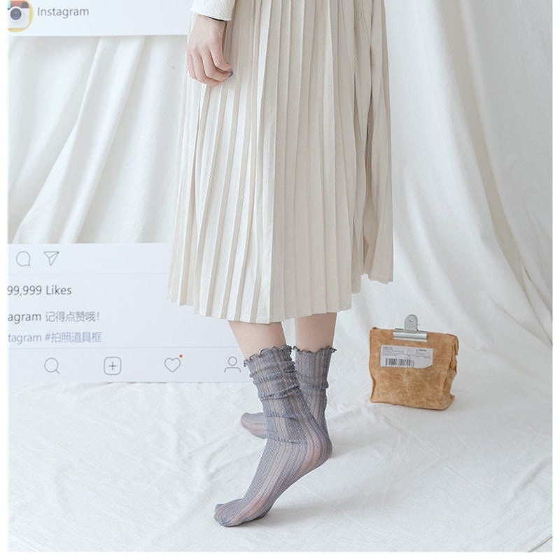 Stripe Ruffle Tulle Crew Socks For Women