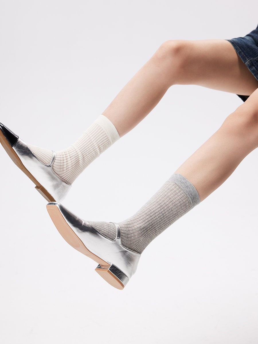 Semi-Sheer Stripe Crew Socks / Calf Socks For Women