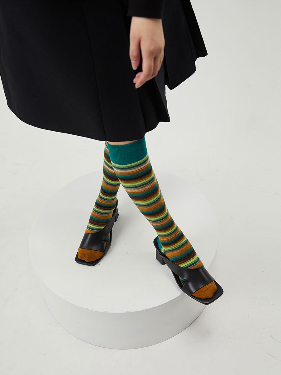 Green Stripe Gradient Knee High Socks / Crew Socks For Women