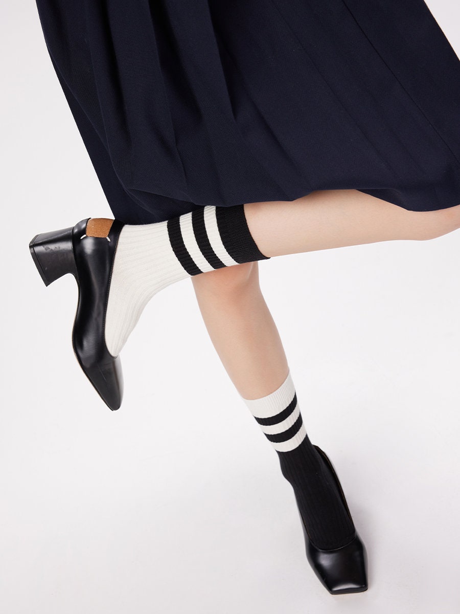 Black & White Color Block Crew Socks For Women