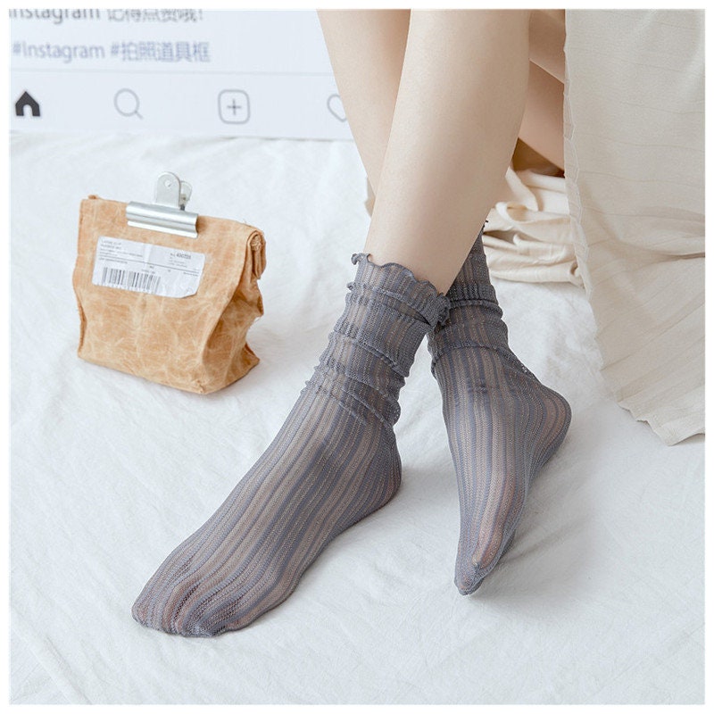 Stripe Ruffle Tulle Crew Socks For Women