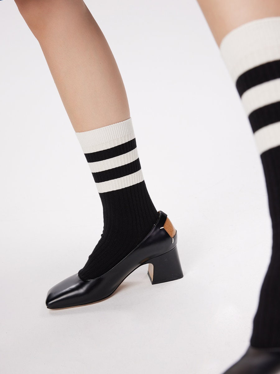 Black & White Color Block Crew Socks For Women