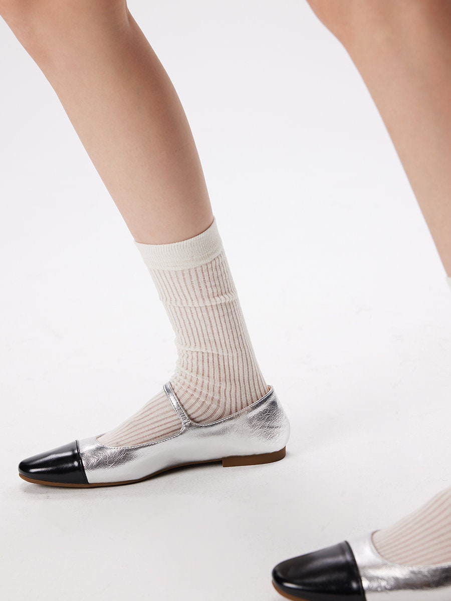 Semi-Sheer Stripe Crew Socks / Calf Socks For Women