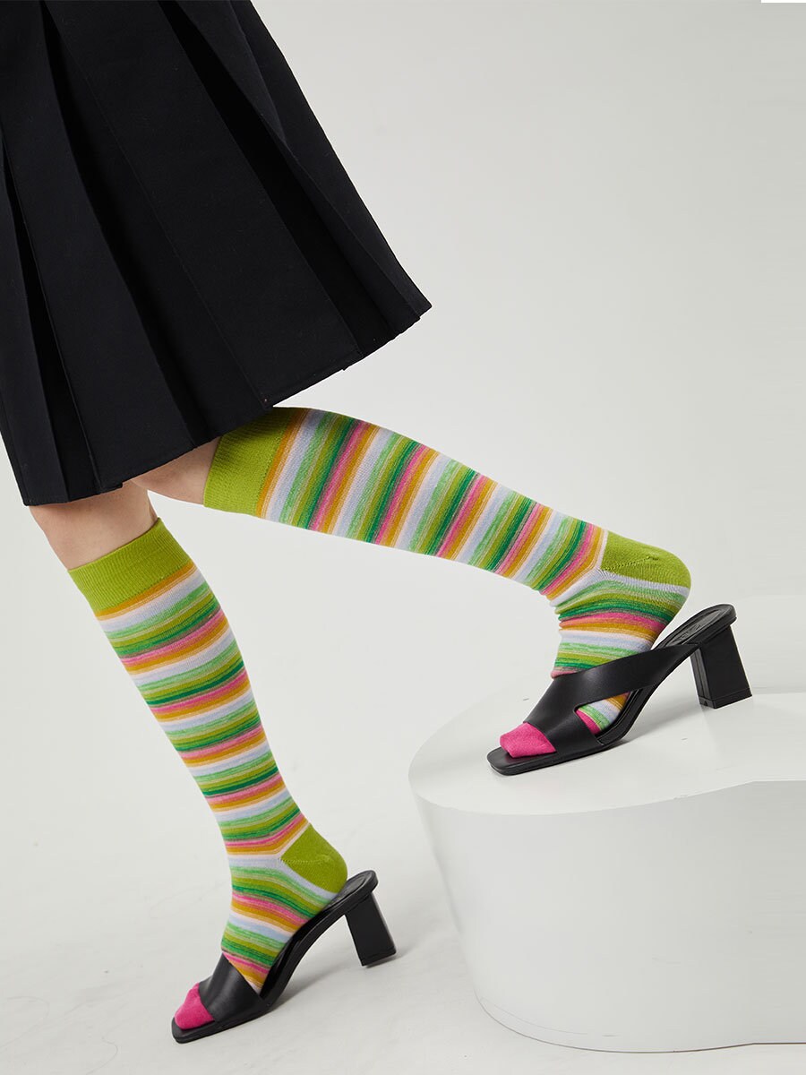 Green Stripe Gradient Knee High Socks / Crew Socks For Women