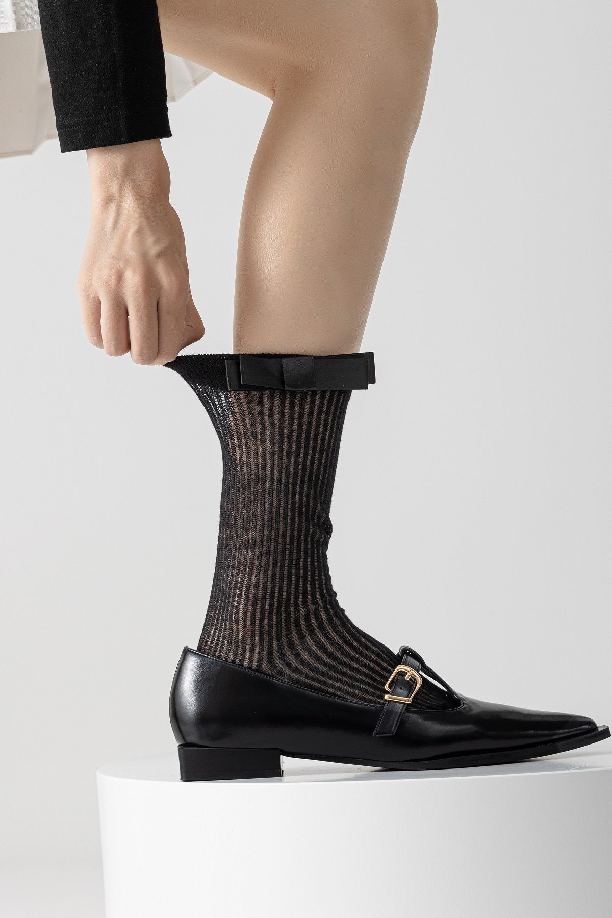 Bow Semi-Sheer Stripe Crew Socks / Calf Socks For Women