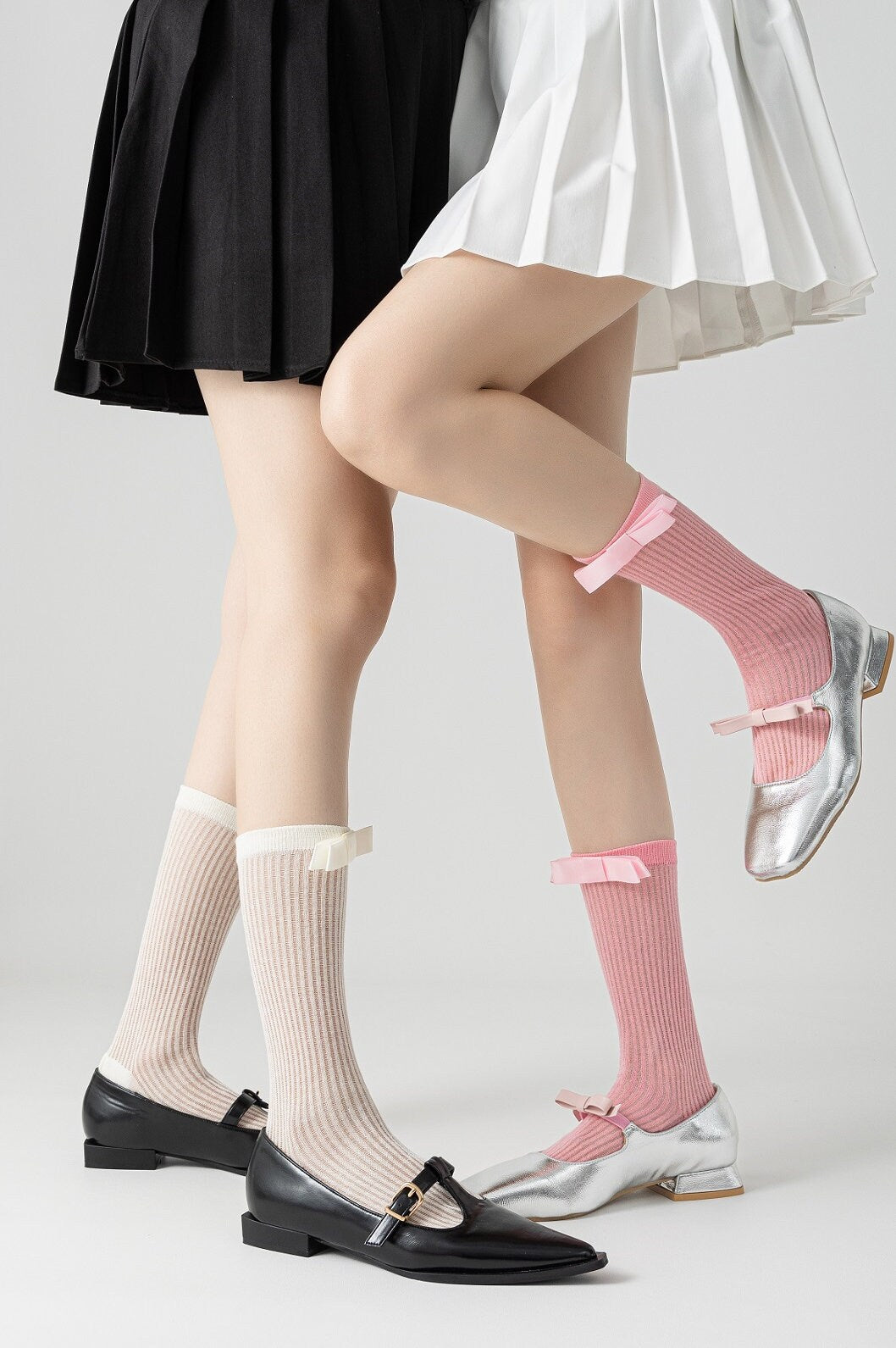 Bow Semi-Sheer Stripe Crew Socks / Calf Socks For Women