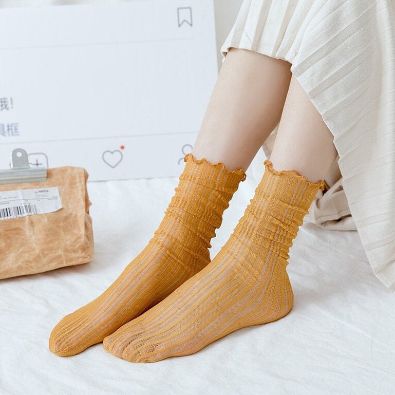 Stripe Ruffle Tulle Crew Socks For Women