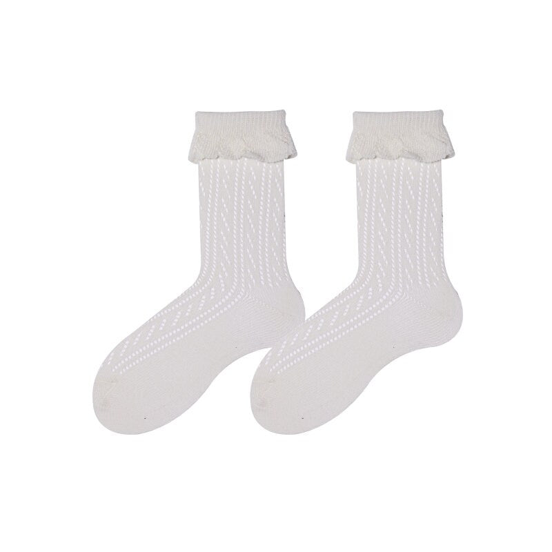 Ruffle Pointelle Knit Crew Socks For Women