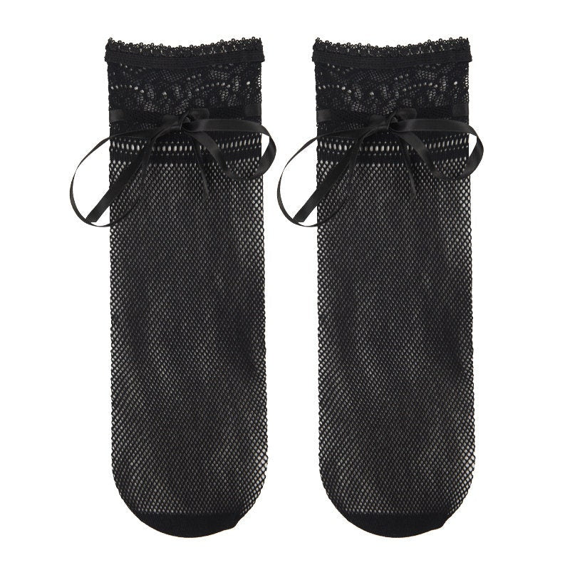 Bow Ribbon Lace Pointelle Crew Socks For Women