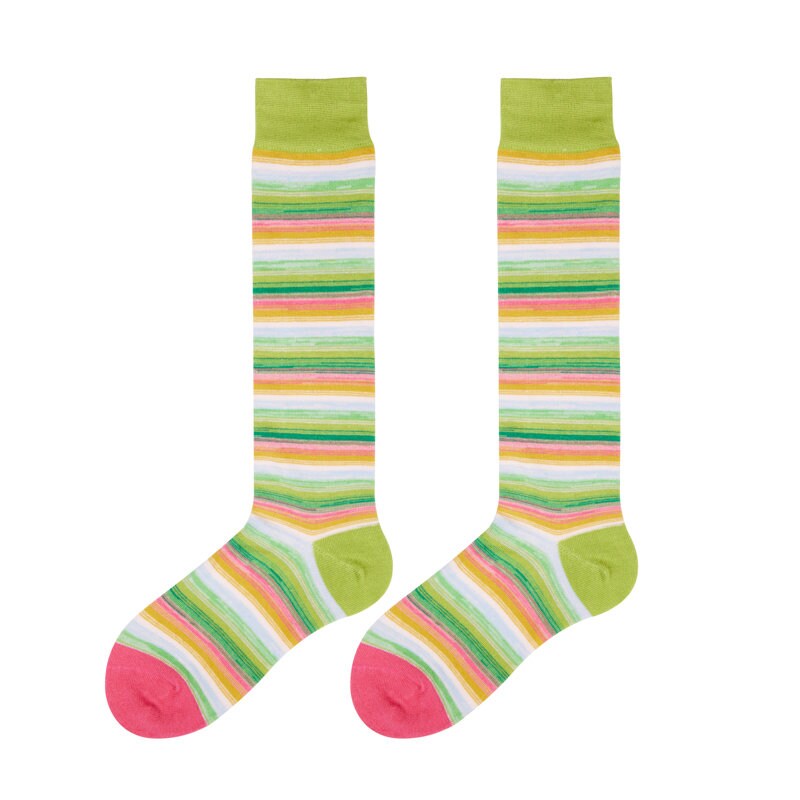 Green Stripe Gradient Knee High Socks / Crew Socks For Women