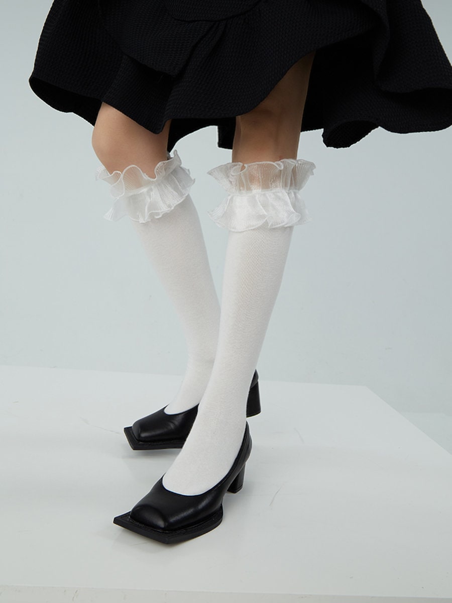 Ruffle Trim Cotton Knee High Socks For Women