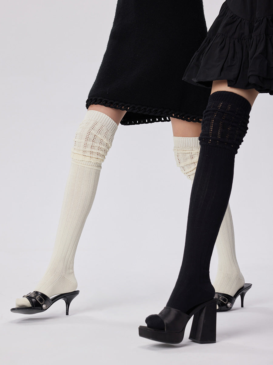 Pointelle Slouch Ribbed Knit Thigh High Socks